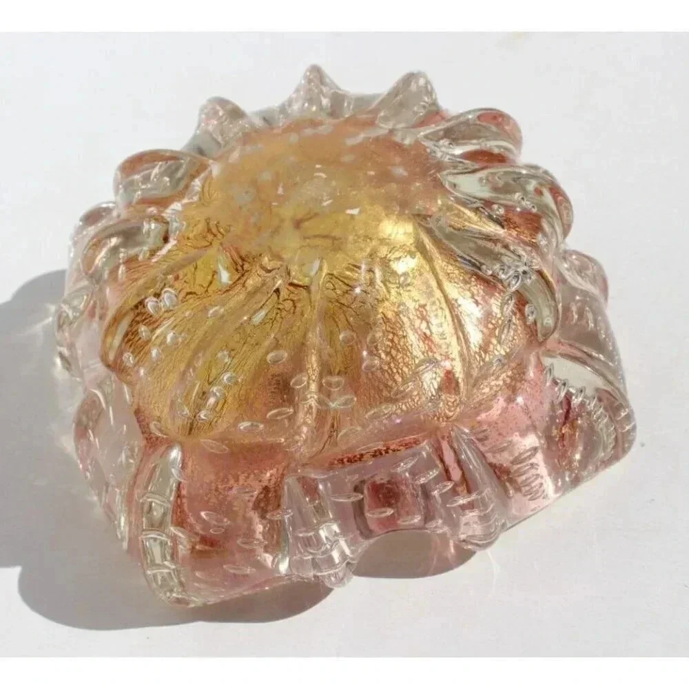 Vtg MID CENTURY Retro Orange Art Glass Metallic Bubbles Color Dish Ashtray